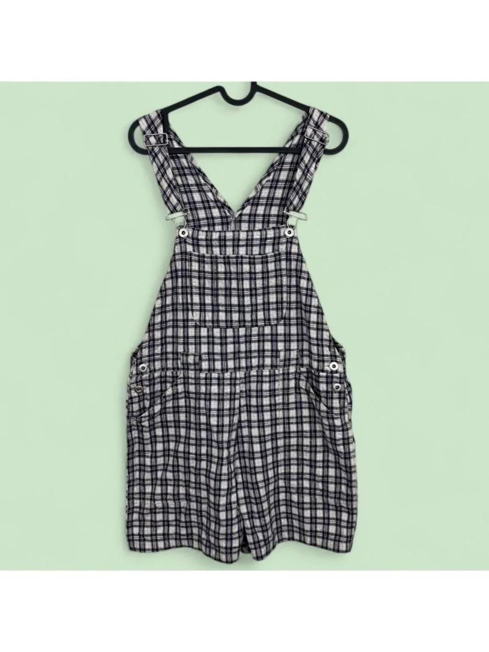 90s navy cream plaid artsy cottagecore cotton linen overall shorts